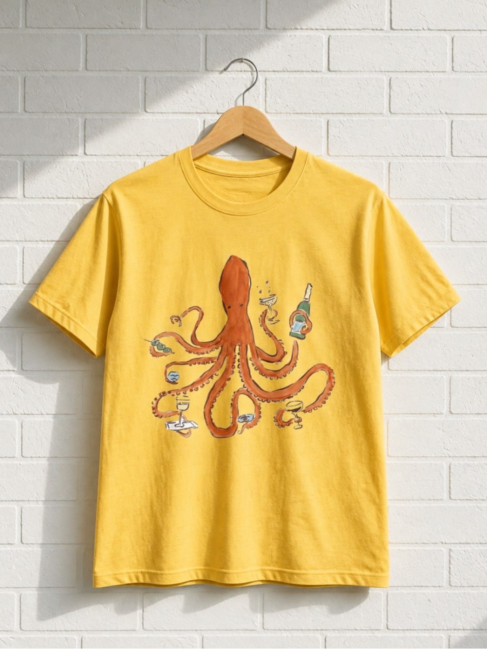 Gildan Yellow Tee with Orange Octopus Graphic